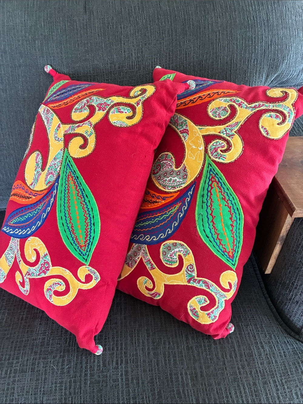 Pair of Vintage Pier 1 Imports Applique & Embroidered Decorative Throw Pillows